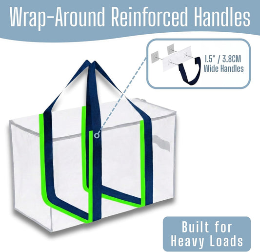 8 Pack Extra Large Moving Storage Bags with Zips, Heavy-Duty Organizer Tote, Moving Box Alternative, Packing Supply, Clothes Storage Bin, Tag Pocket for Label, Water-Resistant (Clear, 8 Pack)